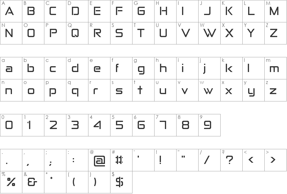 Anita semi-square font character map preview