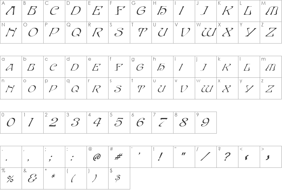 FZ JAZZY 20 ITALIC font character map preview