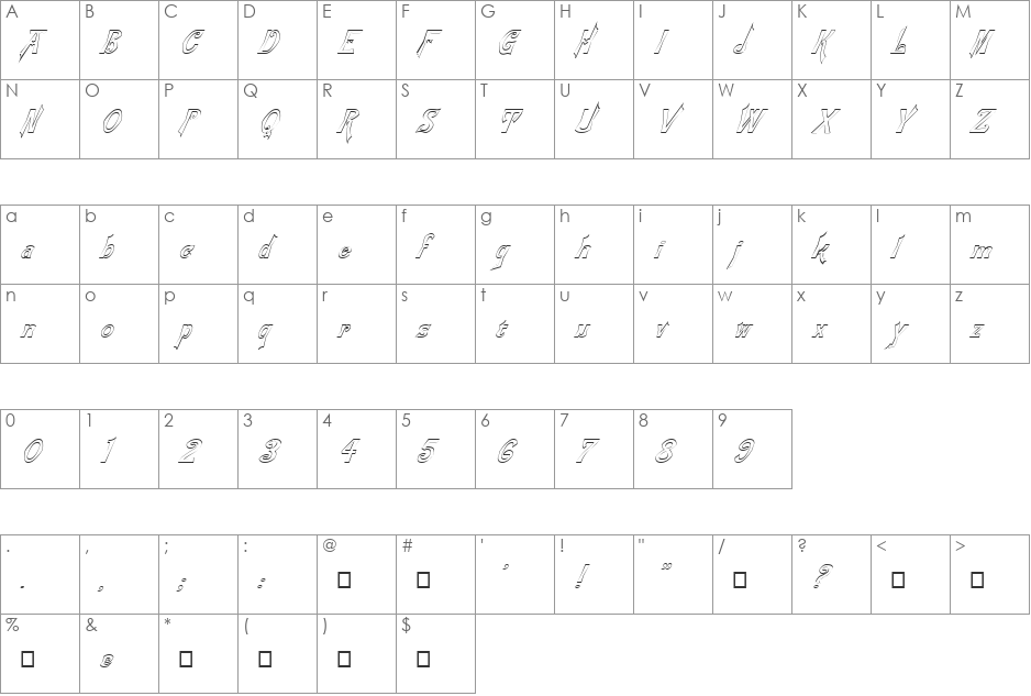 FZ JAZZY 21 HOLLOW ITALIC font character map preview