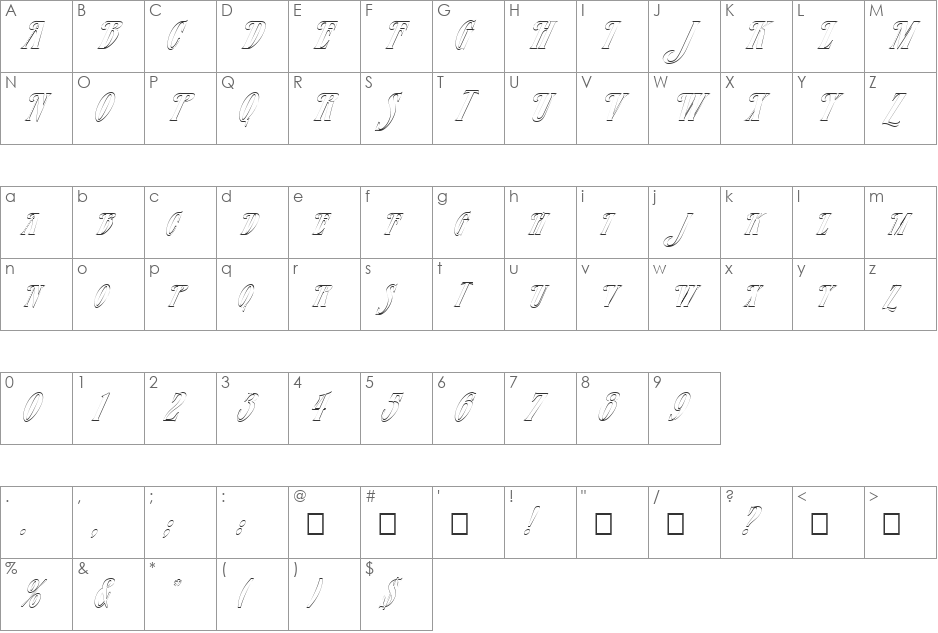 FZ JAZZY 23 HOLLOW ITALIC font character map preview