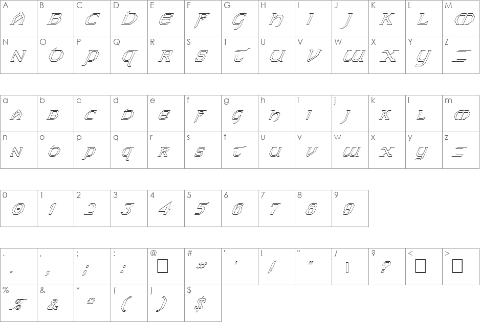 FZ JAZZY 31 HOLLOW ITALIC font character map preview