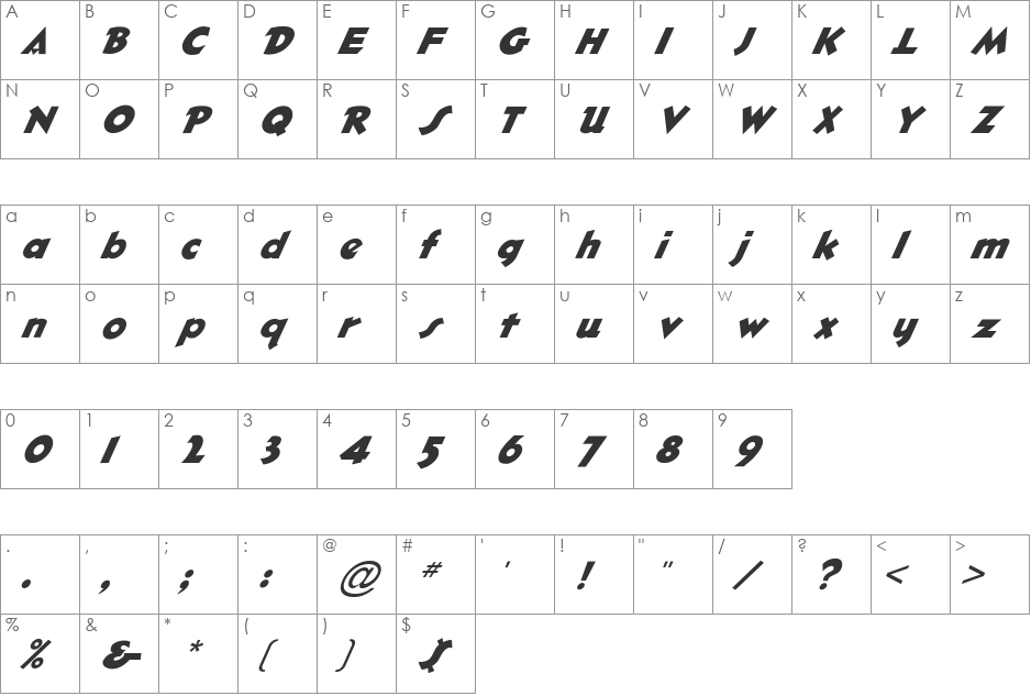 FZ JAZZY 32 ITALIC font character map preview