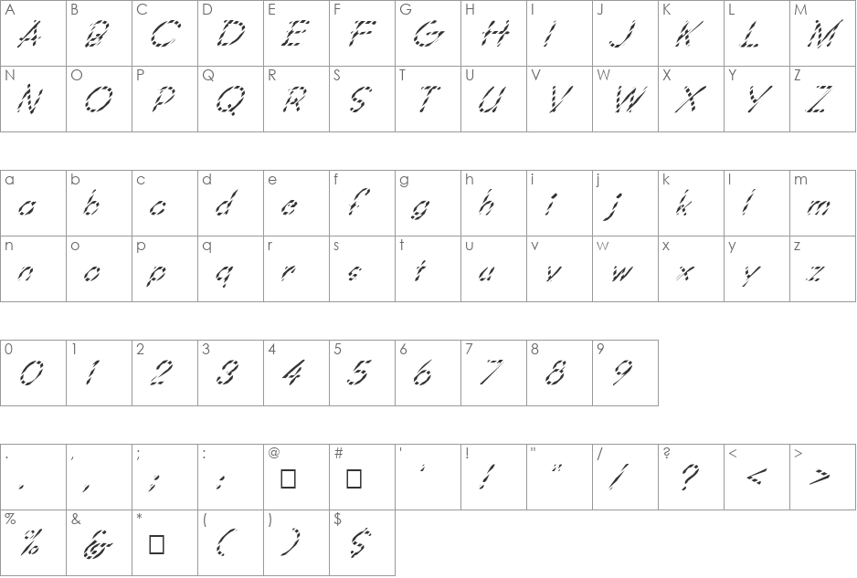 FZ JAZZY 34 STRIPED ITALIC font character map preview