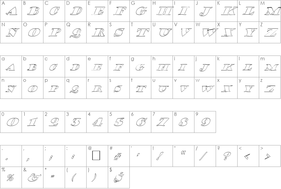 FZ JAZZY 38 HOLLOW ITALIC font character map preview