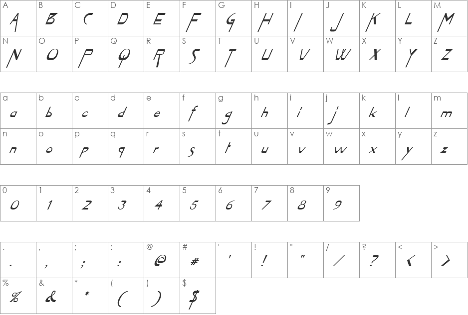 FZ JAZZY 45 ITALIC font character map preview