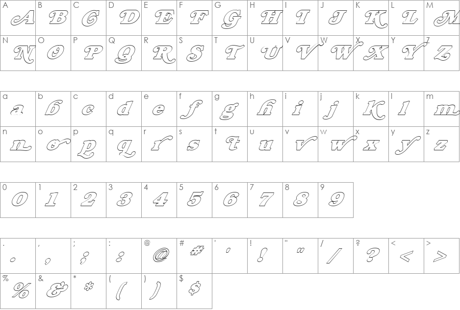 FZ JAZZY 47 HOLLOW ITALIC font character map preview