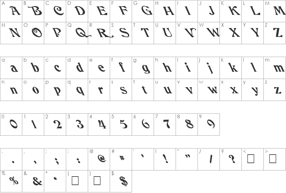 FZ JAZZY 50 LEFTY font character map preview
