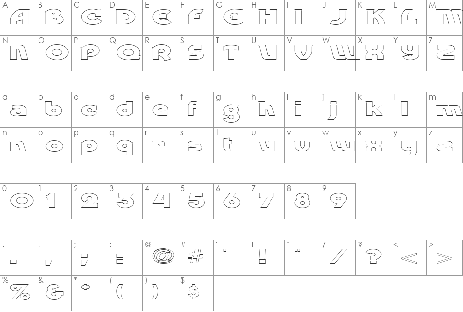 FZ JAZZY 52 HOLLOW EX font character map preview