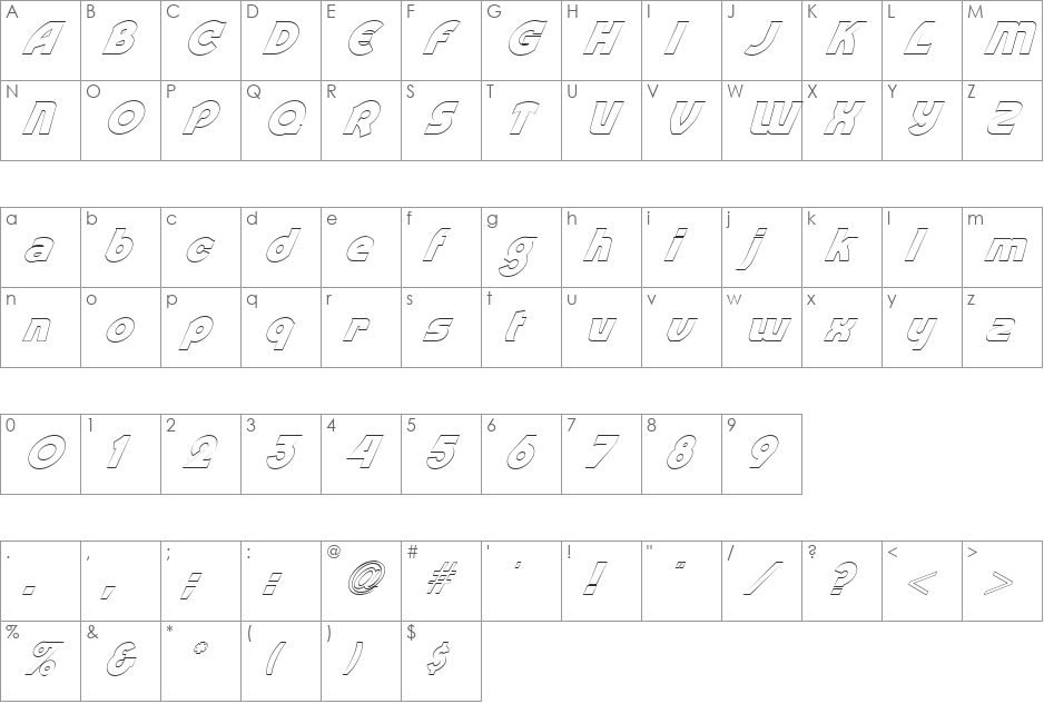 FZ JAZZY 52 HOLLOW ITALIC font character map preview