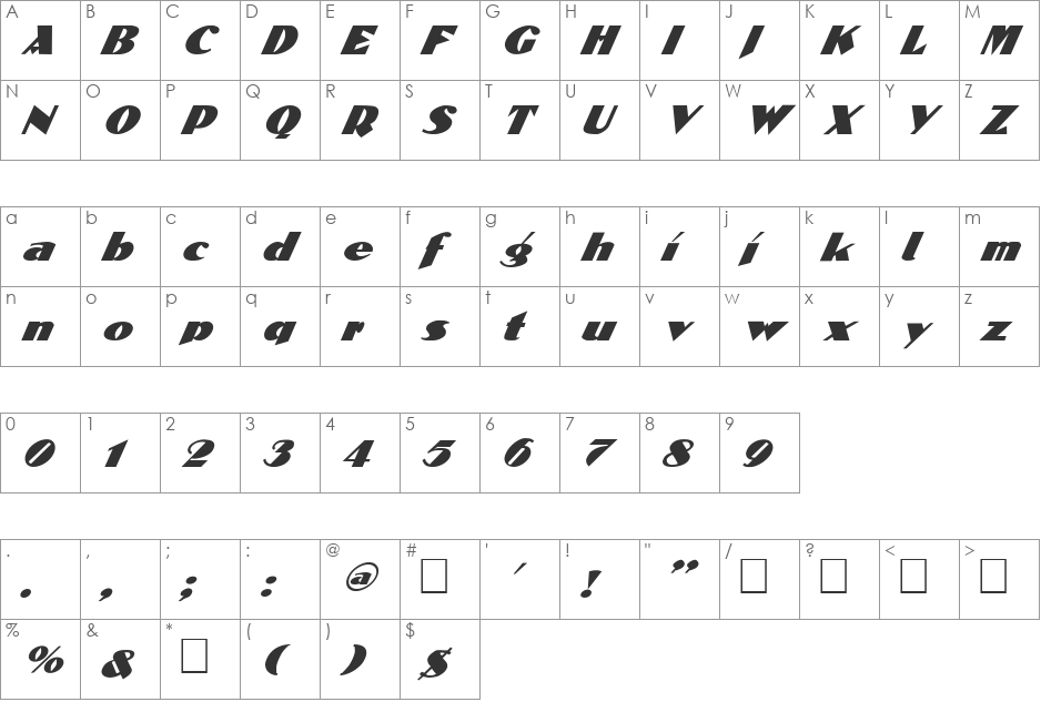FZ JAZZY 53 ITALIC font character map preview