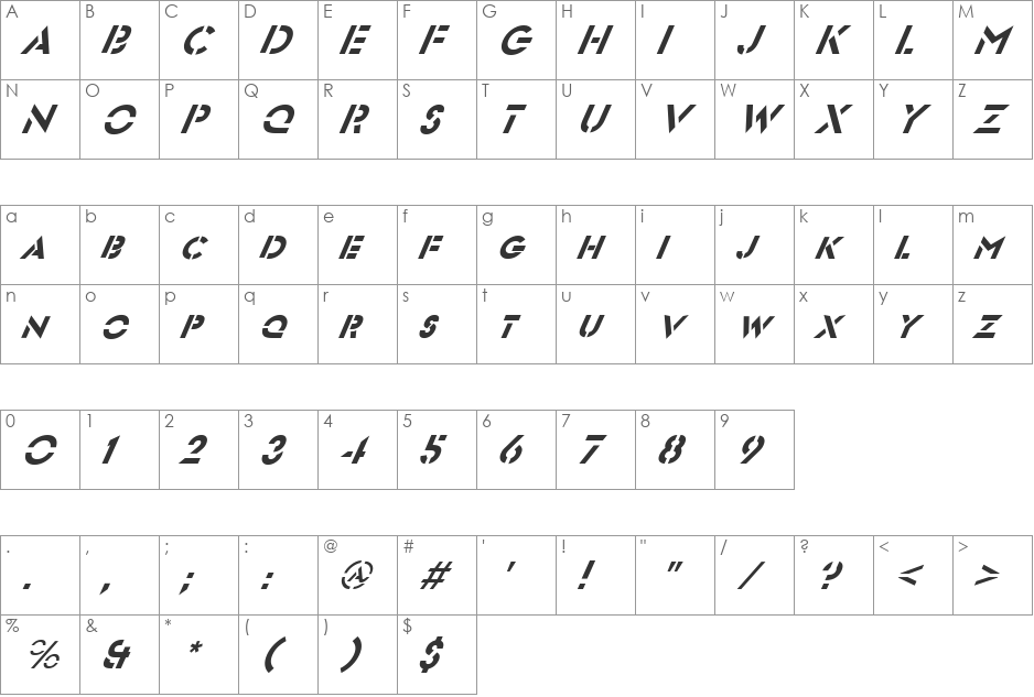 FZ JAZZY 54 ITALIC font character map preview