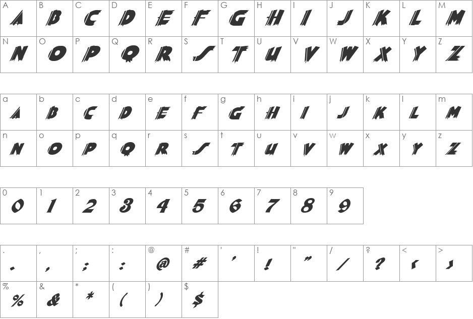 FZ JAZZY 56 ITALIC font character map preview
