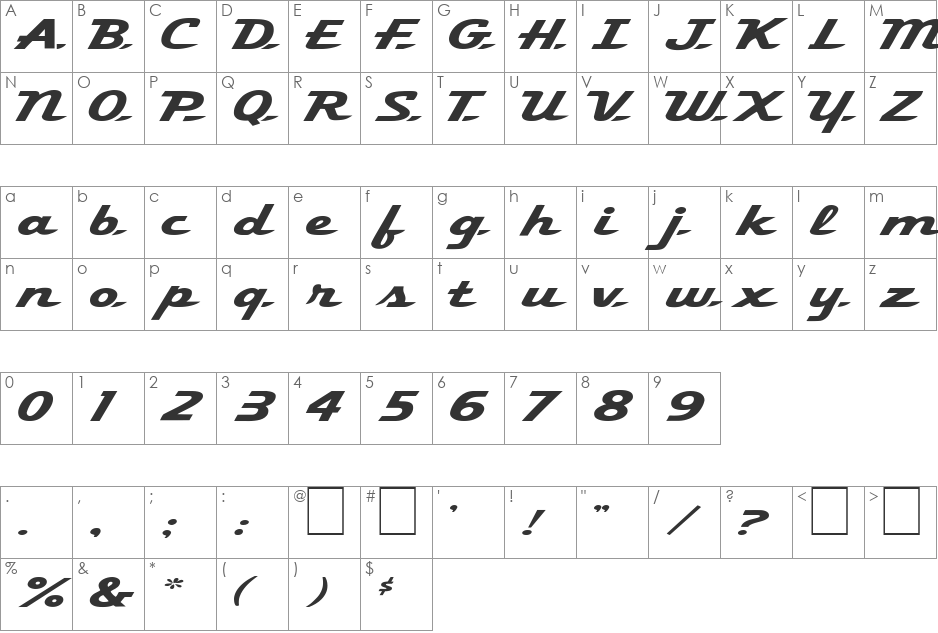 FZ JAZZY 58 EX font character map preview
