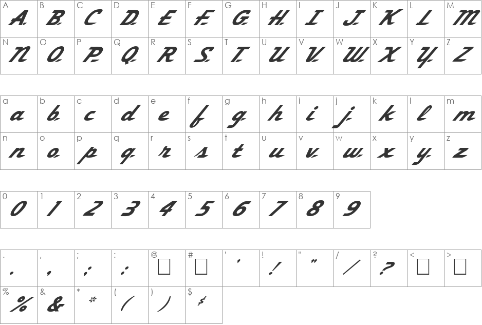 FZ JAZZY 58 ITALIC font character map preview