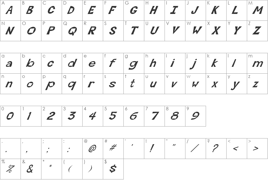 FZ JAZZY 7 ITALIC font character map preview
