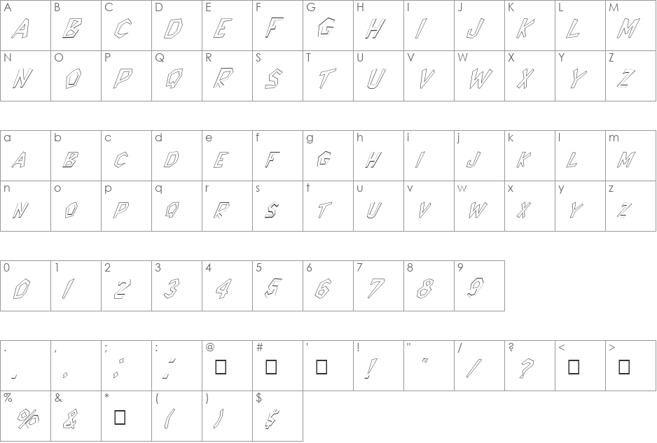 FZ JAZZY 8 HOLLOW ITALIC font character map preview