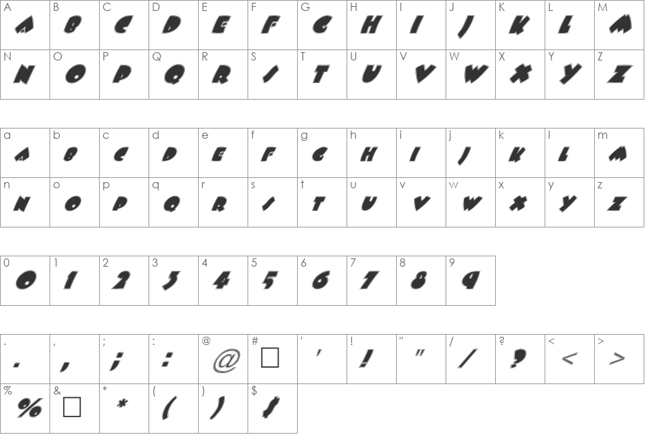 FZ JAZZY 9 CONTOUR ITALIC font character map preview