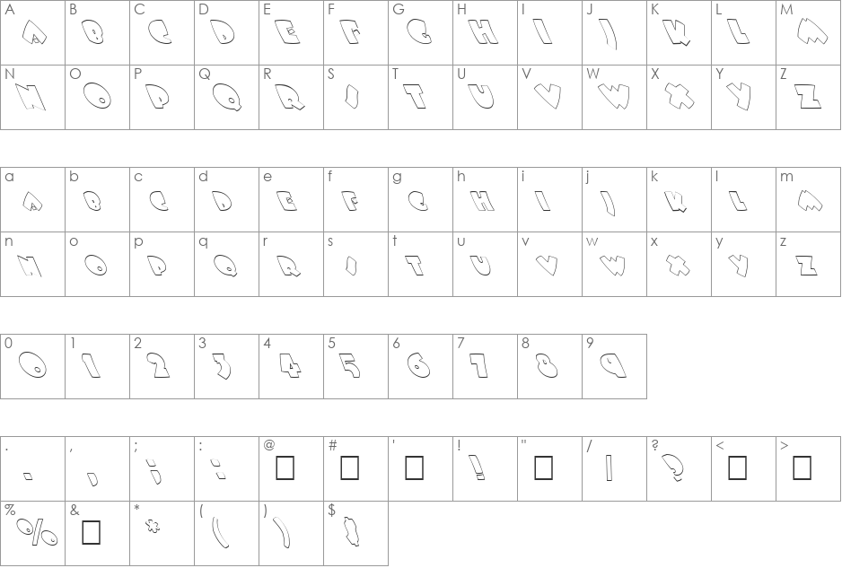 FZ JAZZY 9 HOLLOW LEFTY font character map preview