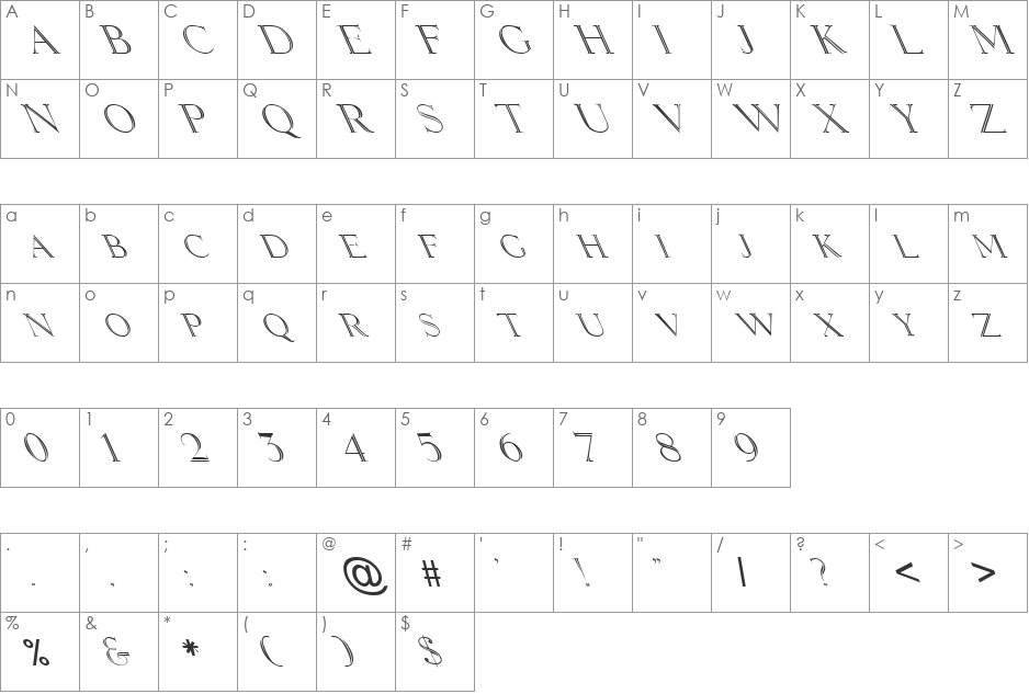 FZ OUTLINE 2 LEFTY font character map preview