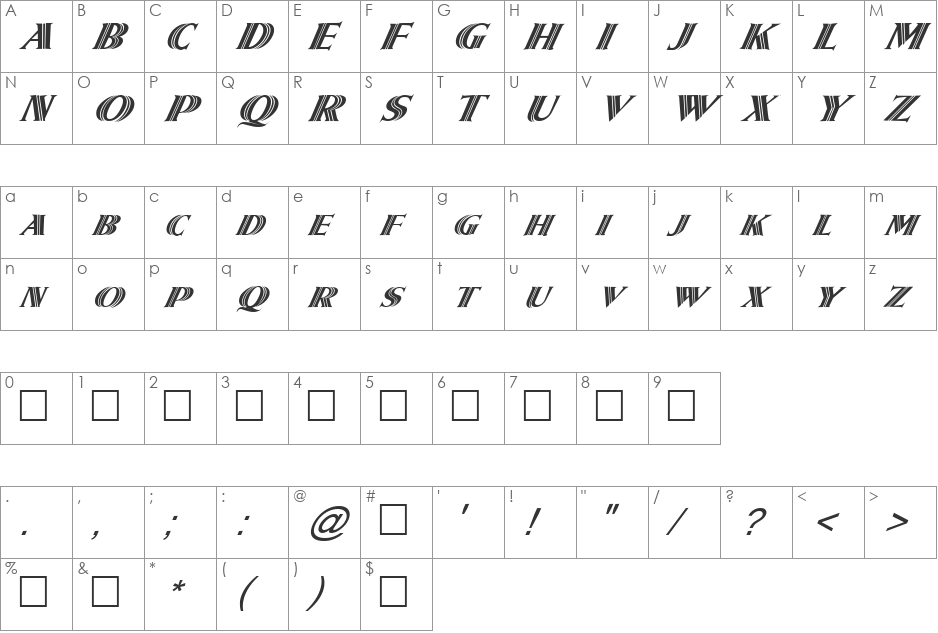 FZ OUTLINE 5 ITALIC font character map preview