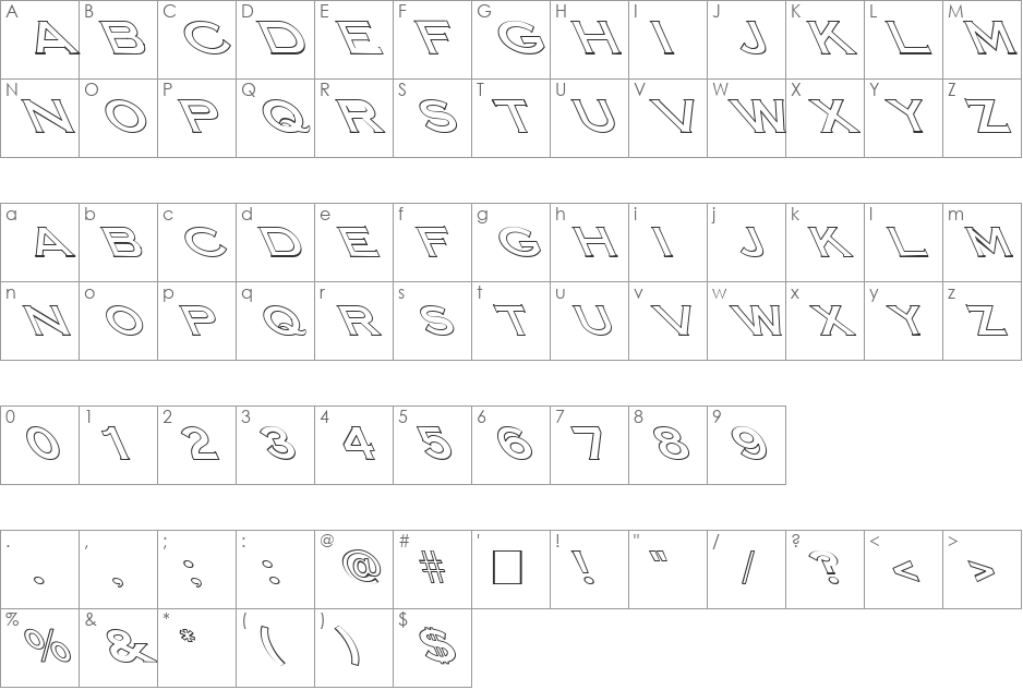 FZ ROMAN 14 HOLLOW LEFTY font character map preview