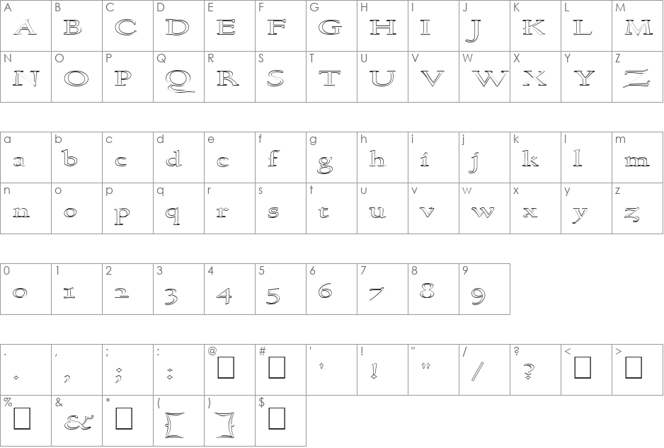 FZ ROMAN 17 HOLLOW EX font character map preview