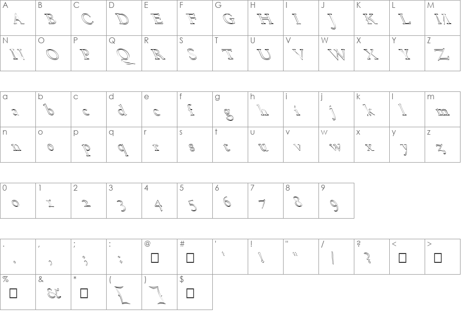 FZ ROMAN 17 HOLLOW LEFTY font character map preview