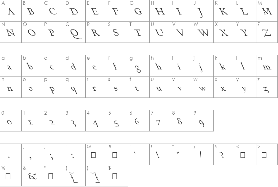 FZ ROMAN 17 LEFTY font character map preview