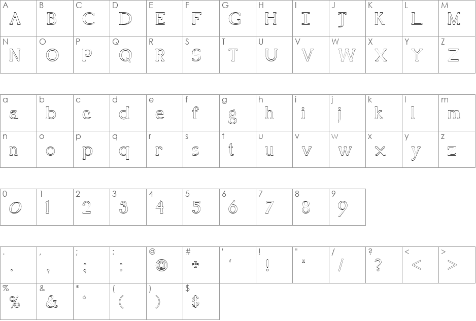 FZ ROMAN 18 HOLLOW font character map preview