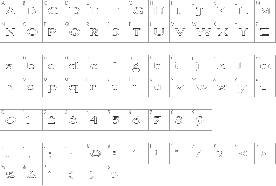 FZ ROMAN 18 HOLLOW EX font character map preview