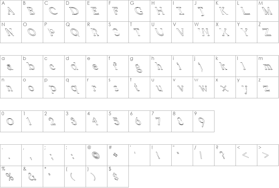 FZ ROMAN 18 HOLLOW LEFTY font character map preview