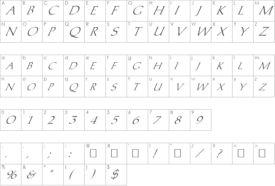 FZ ROMAN 2 ITALIC font character map preview