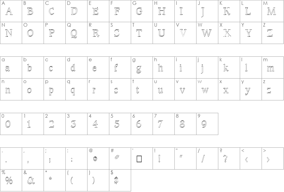 FZ ROMAN 23 HOLLOW font character map preview