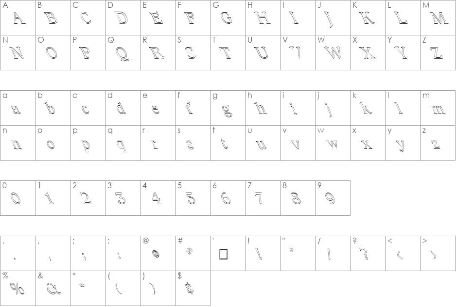 FZ ROMAN 23 HOLLOW LEFTY font character map preview