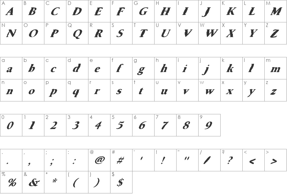 FZ ROMAN 24 MANGLED ITALIC font character map preview