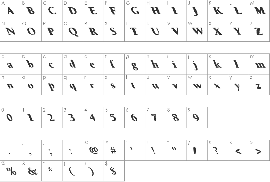 FZ ROMAN 24 MANGLED LEFTY font character map preview