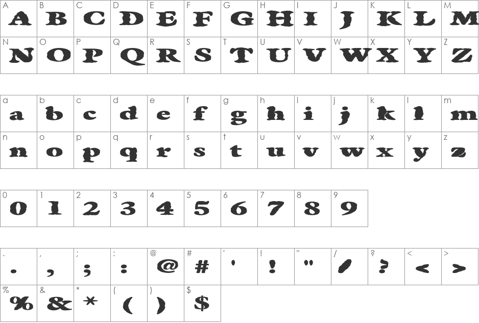 FZ ROMAN 25 MANGLED EX font character map preview