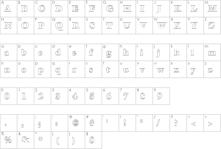 FZ ROMAN 26 HOLLOW font character map preview