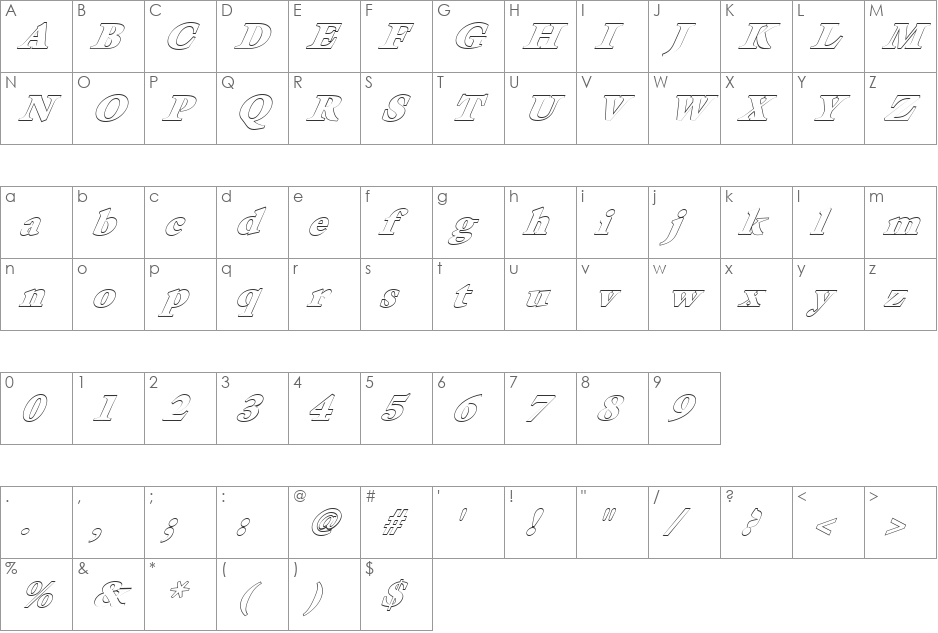 FZ ROMAN 26 HOLLOW ITALIC font character map preview