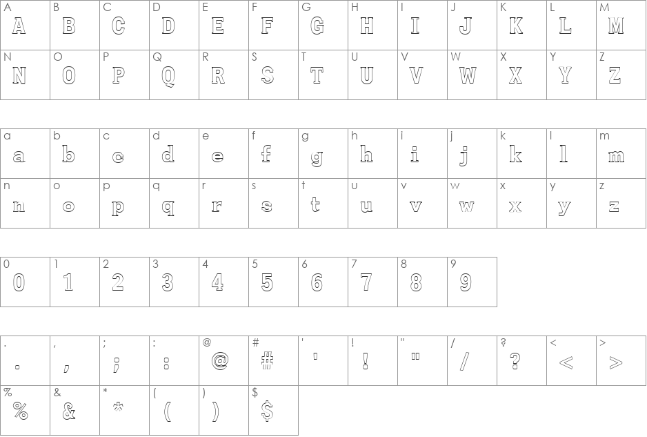 FZ ROMAN 27 HOLLOW font character map preview