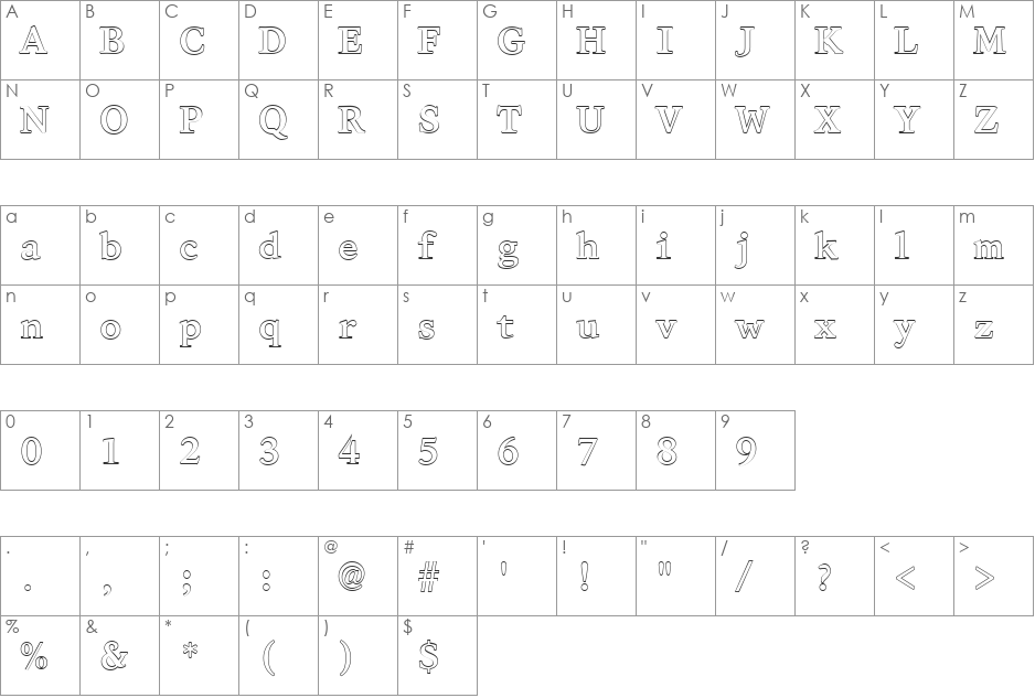 FZ ROMAN 28 HOLLOW font character map preview