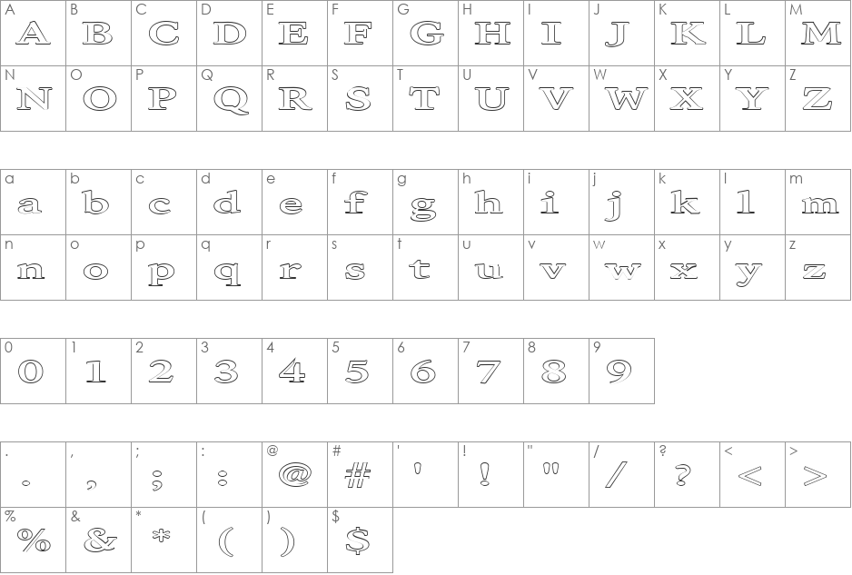 FZ ROMAN 28 HOLLOW EX font character map preview