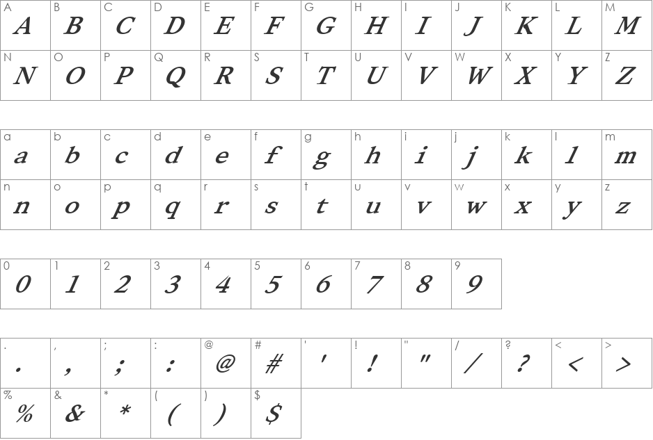 FZ ROMAN 28 ITALIC font character map preview