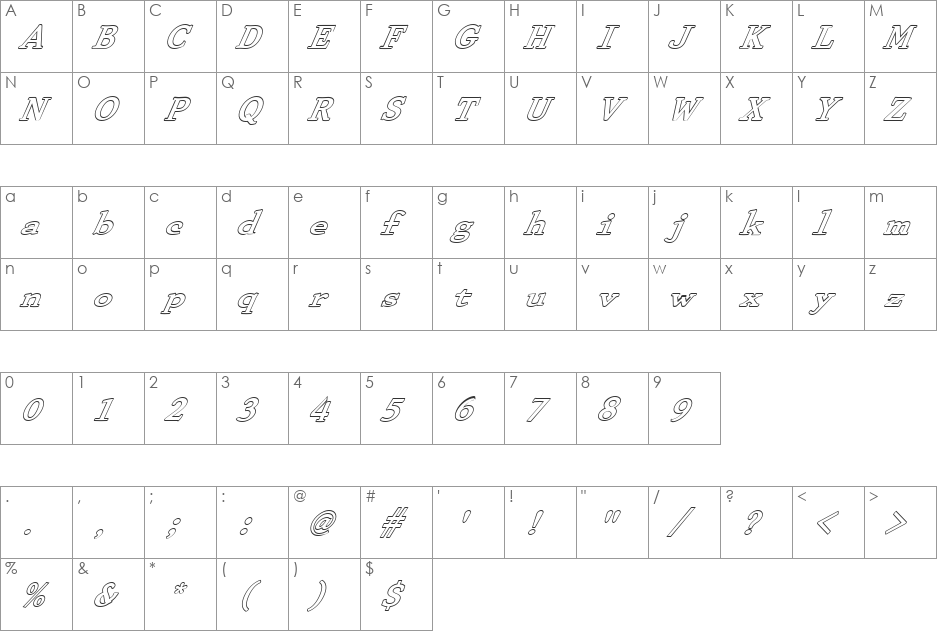 FZ ROMAN 29 HOLLOW ITALIC font character map preview