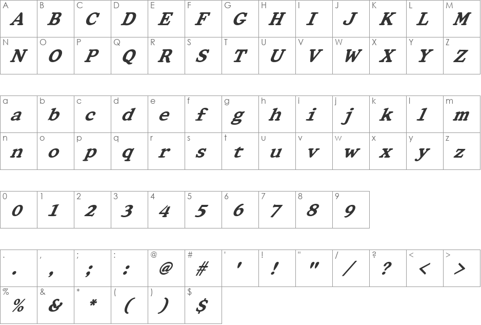 FZ ROMAN 34 ITALIC font character map preview