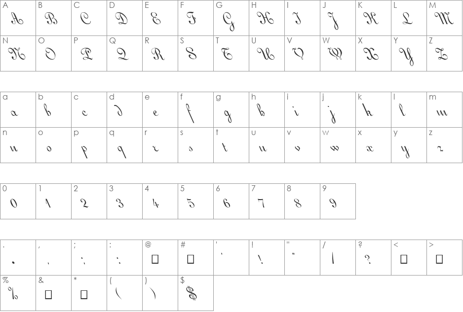 FZ SCRIPT 11 LEFTY font character map preview