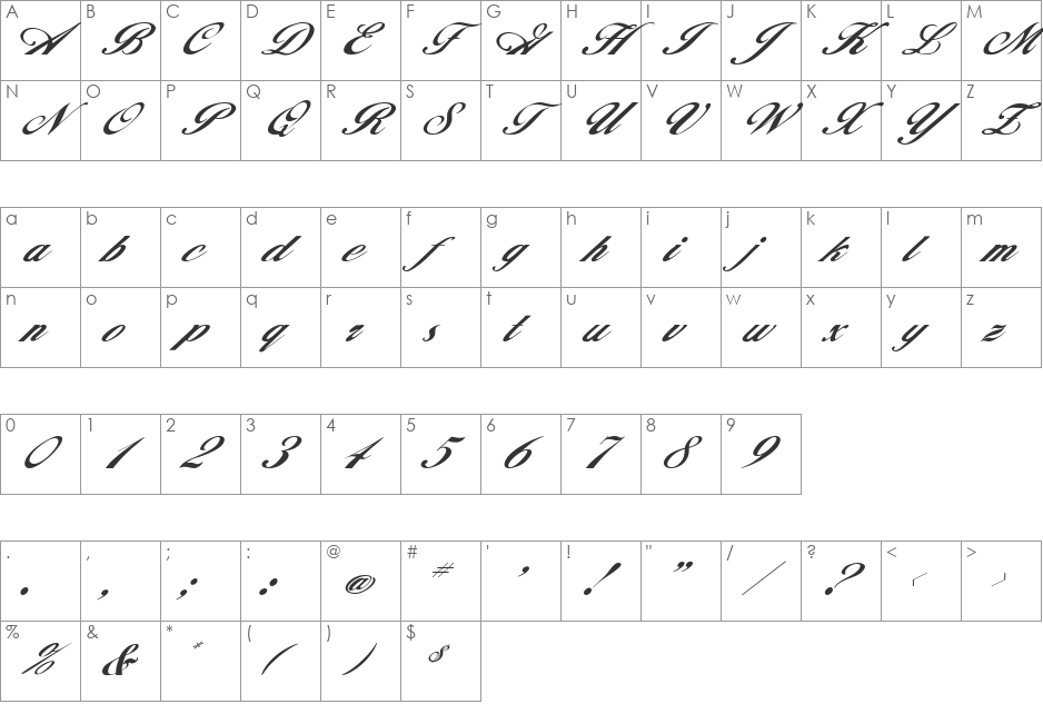 FZ SCRIPT 12 ITALIC font character map preview