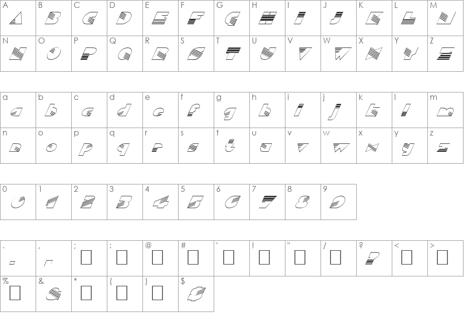 FZ UNIQUE 11 HOLLOW ITALIC font character map preview