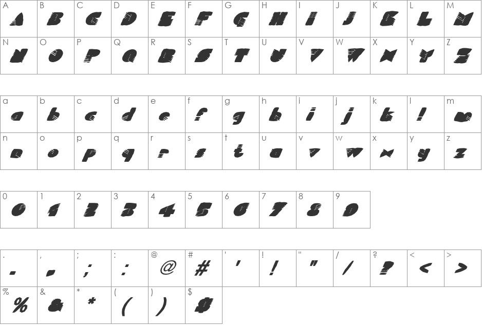 FZ UNIQUE 11 MANGLED ITALIC font character map preview