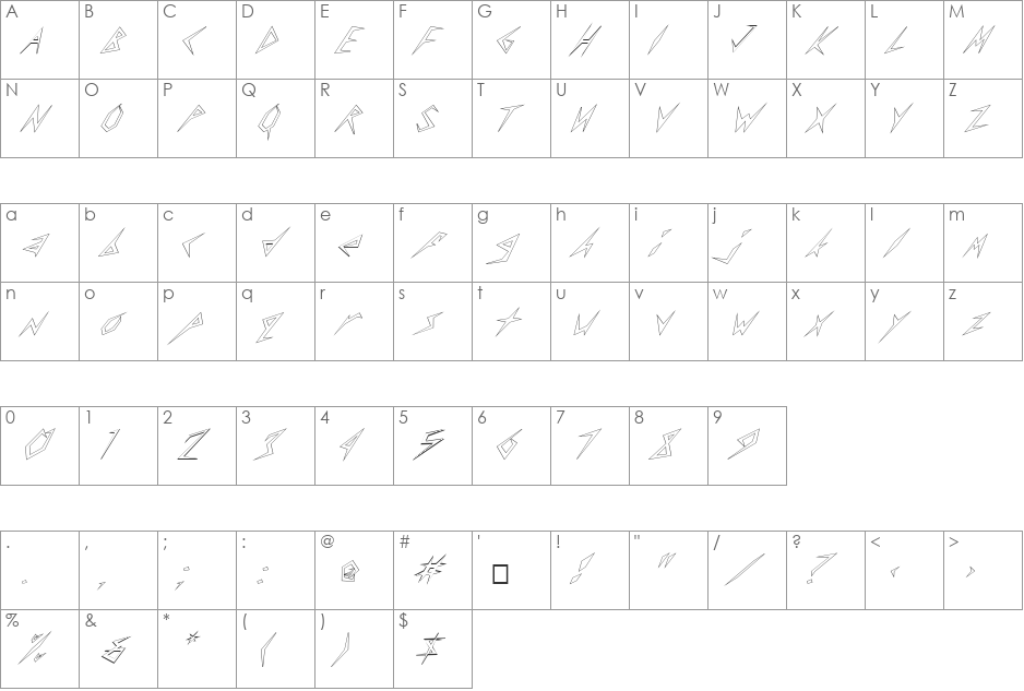 FZ UNIQUE 17 HOLLOW ITALIC font character map preview